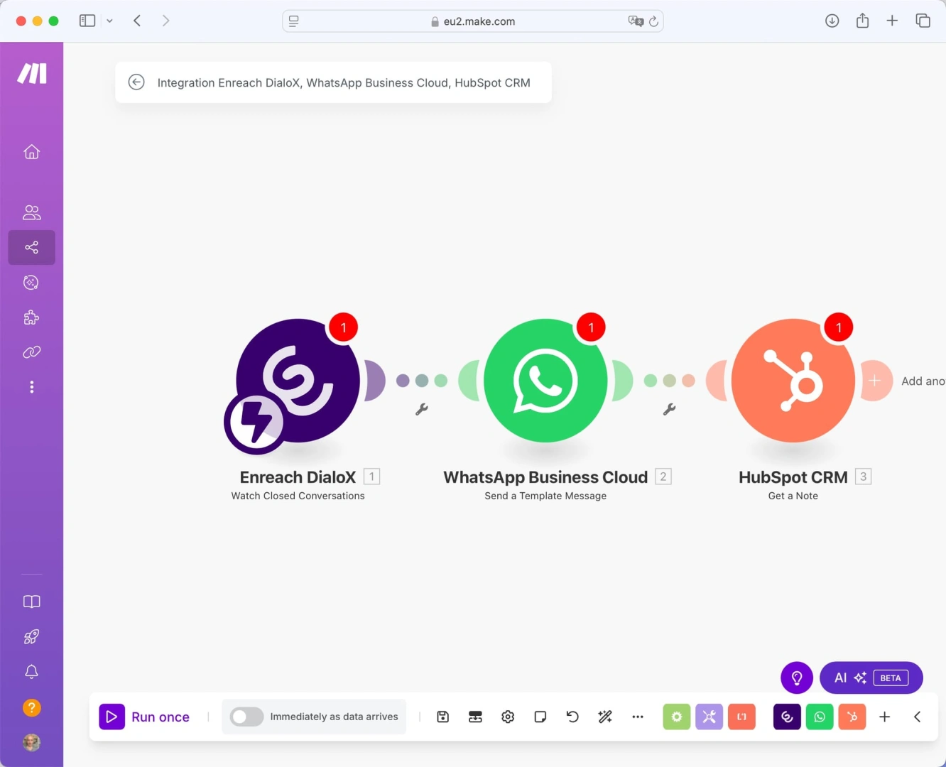 Scenario met Dialox, WhatsApp en HubSpot